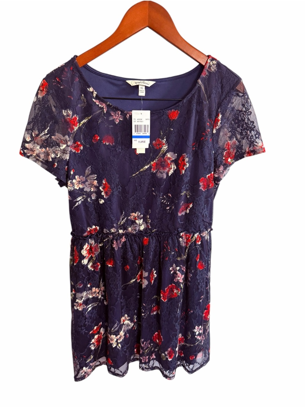 Speechless Navy Floral Lace Short Sleeve Tunic with Red Accents